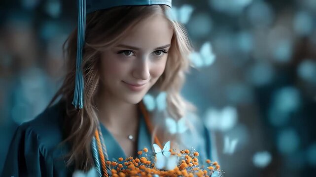 Graduation Season Girl Holding Flowers Full of Hope
