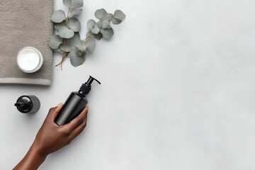 Minimal Spa Skincare Setup with Hand Holding Pump Bottle on Soft Gray