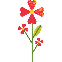Stylized Red Geometric Flowers with Green Stem and Yellow Centers on a White Transparent Background Minimalist Floral Design