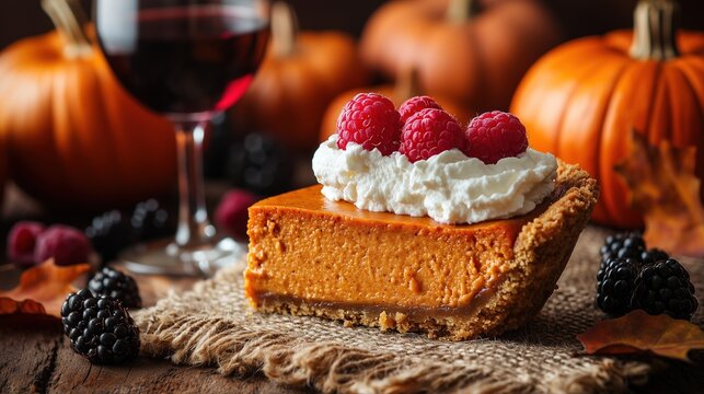 Trendy Thanksgiving Gourmet Pumpkin Pie - Cozy Festive Autumn Dessert with Berries & Red Wine for Marketing & Social Media