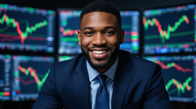 young african businessman analyzes stock market data on multiple digital screens at office desk | business, finance, technology, economy, career theme