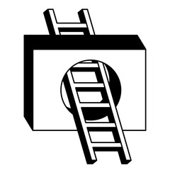 Abstract Surreal Black and White Isometric Cube with Ladder Leading to Circular Opening on Transparent Background Geometric Art