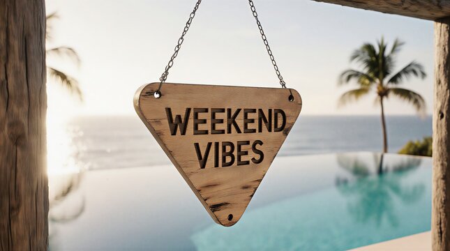 relaxing weekend vibe wooden sign with ocean view, tranquil coastal getaway | vacation, relaxation, travel, coastal, summer theme