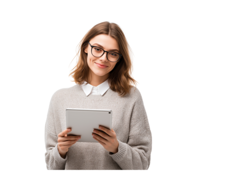 a woman wearing glasses is standing and holding an ipad, looking at the screen with her hands together on a white background.