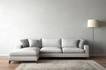Light gray sectional sofa with decorative pillows on a rug.