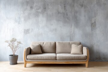 A light-colored sofa sits in front of a textured concrete wall.