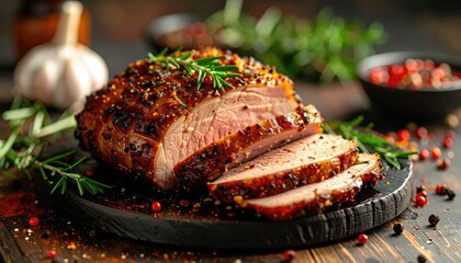 Savory Roasted Pork Shoulder Sliced on Wooden Board with Rosemary and Peppercorns Illuminated by Warm Daylight