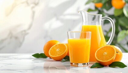 Freshly squeezed orange juice in glass and pitcher with fruit  marble backdrop.