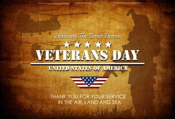 Dramatic Veterans Day poster with bold typography, soldier and helicopter silhouette on vintage grunge style background. Best for Veterans Day November 11, 2025 