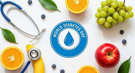 Celebrate World Diabetes Day with fresh fruits and a stethoscope symbolizing health awareness and medical care for a balanced lifestyle