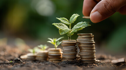 Business and ecology combined with hand supporting plants on coins symbolizing green investment