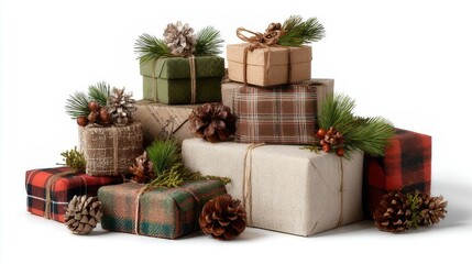 Classic christmas presents stacked with festive ribbons, pine cones, greenery, and holiday decorations on transparent background for seasonal celebrations