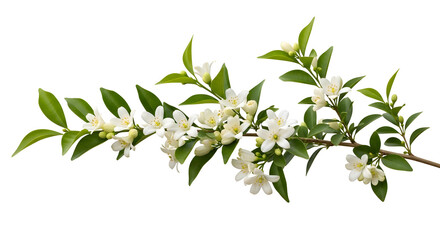 Delicate orange jasmine blossoms and leaves on a branch offering fresh spring beauty, perfect for wedding invitations, greeting cards, and floral designs