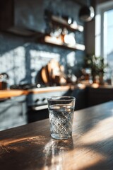 A clear glass of clean filtered water on the kitchen table, flooded with sunlight. The concept of a healthy lifestyle, proper nutrition, and detoxification. Close-up, selective focus. The right habits