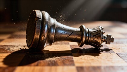 Chess Game End: A silver chess king lies fallen on a weathered chessboard, a metaphor for defeat and strategic end. conveying both the drama and the finality of the game.
