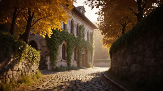 autumnal stone building with path through golden foliage and warm sunlight | architecture, nature, travel, season, residential theme