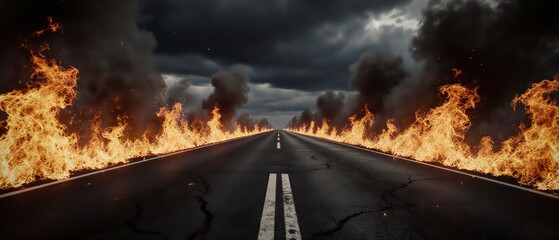 fiery highway vanishing into stormy skies, apocalyptic road to nowhere | apocalypse, environmental, disaster, abstract, dark theme
