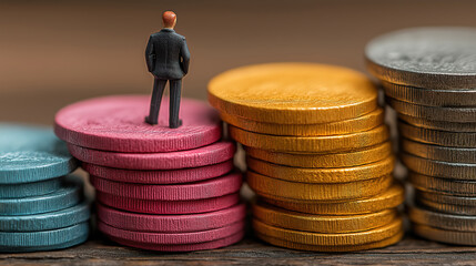 Symbolic representation of financial growth with miniature businessman and colorful stacked coins