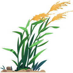 Tall Green Grasses With Yellow Plumes Swaying Gently With A White Background And Small Rocks At The Base In A Stylized Nature Scene