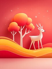 Peaceful holiday illustration featuring modern pine trees in warm and cool tones on snowy hills