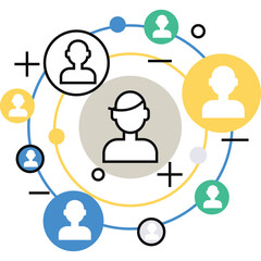 Abstract Network Of People Icons Connected In Circles With Blue Yellow And Gray Accents On Transparent Background Representing Teamwork And Connection