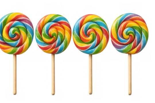 Rainbow swirl lollipops standing in a row, vibrant colorful candy sweets on a transparent background - Powered by Adobe