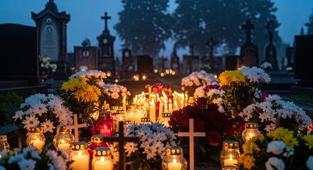 Serene cemetery scene at dusk filled with glowing candles and vibrant flowers adorning gravestones, evoking remembrance and peaceful reflection on All Saints' Day and All Souls' Day.