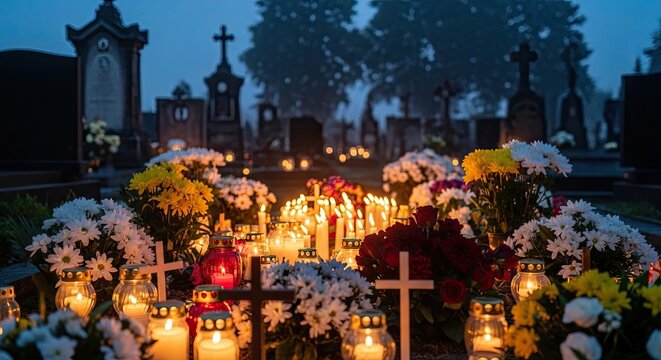 Serene cemetery scene at dusk filled with glowing candles and vibrant flowers adorning gravestones, evoking remembrance and peaceful reflection on All Saints' Day and All Souls' Day.