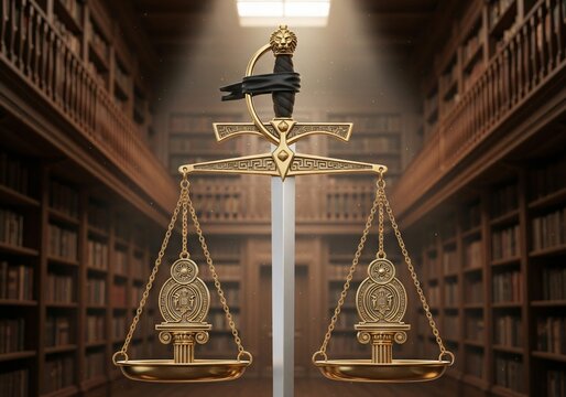 Ornate golden scales of justice topped by a sword with a lion head hilt in a library