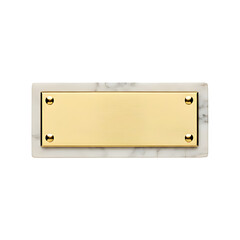 Metal gold nameplate with metal rivets attached on marbled stone backing, isolated on white background