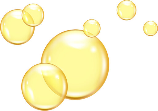 Golden Yellow Oil Bubbles Golden, yellow oil drops, bubbles vector illustration on transparent background Golden yellow oil drop bubbles with air bubble texture on transparent background. Serum fluid