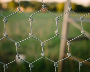 Intricate wire mesh fence detail offers a blurred green background, creating a modern, abstract texture perfect for design projects