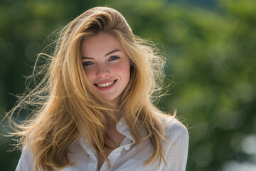 Naklejka premium A beautiful girl in her late teens with golden blonde hair and elegant shoulder-length hair, smiling, blue eyes, white silk shirt, outdoors. horizontal composition