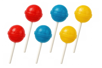 Six colorful lollipops featuring sweet candy in red, blue, and yellow primary colors on a transparent background