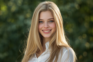 Naklejka premium A beautiful girl in her late teens with golden blonde hair and elegant shoulder-length hair, smiling, blue eyes, white silk shirt, outdoors. horizontal composition