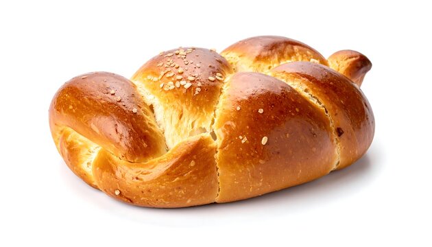 A golden braided bread loaf, sprinkled with sesame seeds