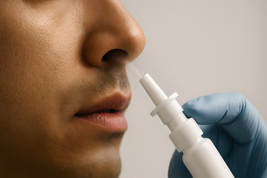 Photorealistic intranasal influenza vaccine (LAIV) use, adult patient tilting head slightly back, nasal spray applicator at one nostril with a fine atomized mist visible