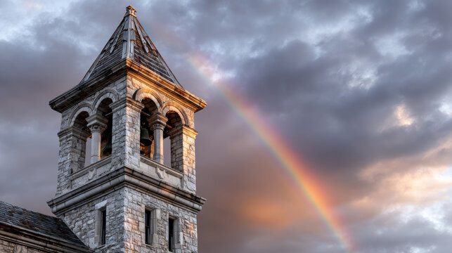 Tower stands tall against dramatic sky. Rainbow arcs brightly behind it, adding touch of serenity and hope to scene