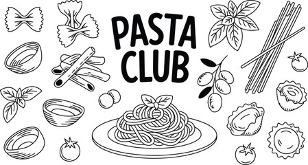 Hand drawn pasta club illustration featuring various pasta shapes and ingredients
