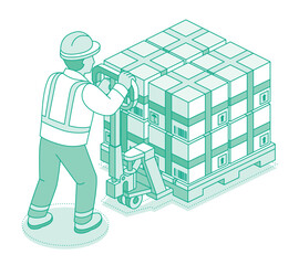Isometric outline worker moving stacked boxes on a pallet truck. Logistics, warehouse, and cargo transport concept.