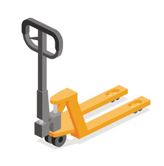 Yellow pallet truck used in warehouse and logistics for lifting and moving goods. Industrial transport equipment. Isometric illustration.