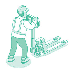 Isometric outline worker pushing a pallet truck in a warehouse. Logistics, transport, and cargo handling concept.