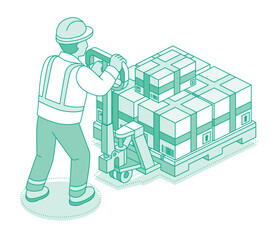 Isometric outline worker moving stacked boxes on a pallet truck. Logistics, warehouse, and cargo transport concept.