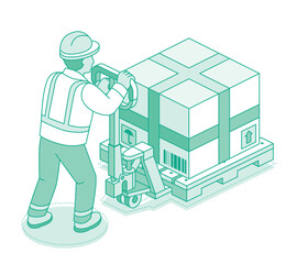 Isometric outline worker moving stacked boxes on a pallet truck. Logistics, warehouse, and cargo transport concept.