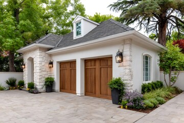 Luxury house garage exterior with light stone and wood doors
