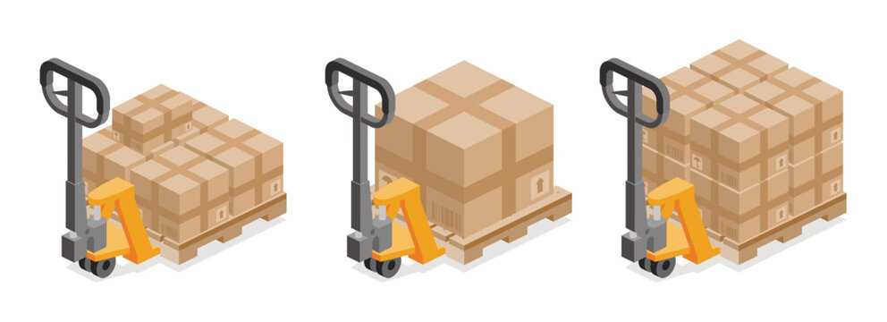 Yellow pallet truck with stacked cardboard boxes on wooden pallets. Warehouse logistics and cargo transportation concept. Isometric vector illustration.