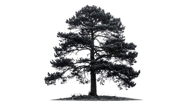 A grayscale isolated pine tree on a small patch of land against white