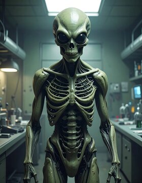A green, humanoid alien skeleton stands in a dimly lit laboratory