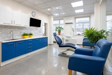 Modern dental clinic room with blue chair and waiting area