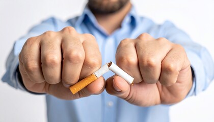 Man Breaking Cigarette with Quitting Smoking, Anti Tobacco Concept, Health Care, and White Background.